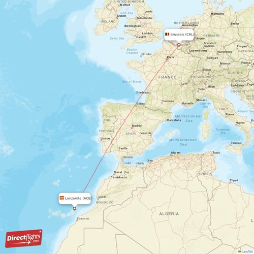 Brussels - Lanzarote direct flight map