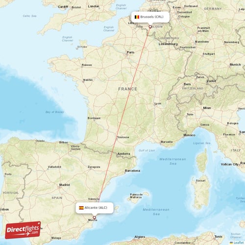 Brussels - Alicante direct flight map