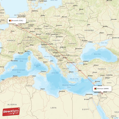 Brussels - Amman direct flight map