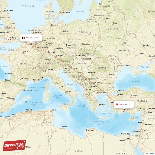 Brussels - Antalya direct flight map