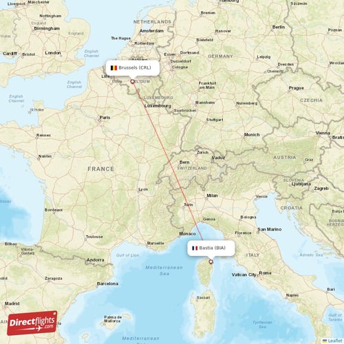 Brussels - Bastia direct flight map