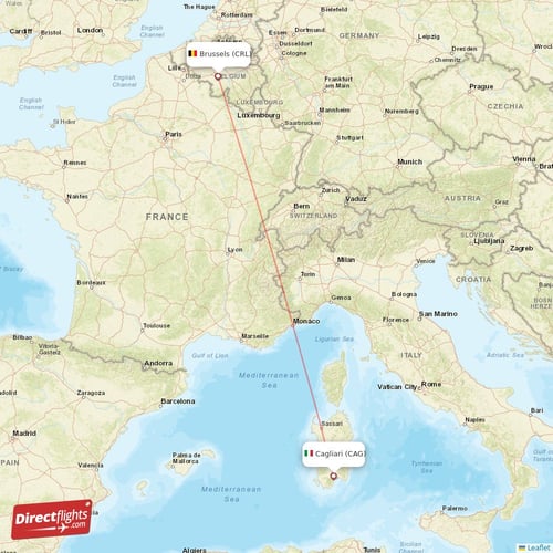 Brussels - Cagliari direct flight map