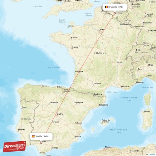 Brussels - Sevilla direct flight map