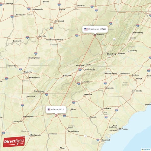Charleston - Atlanta direct flight map