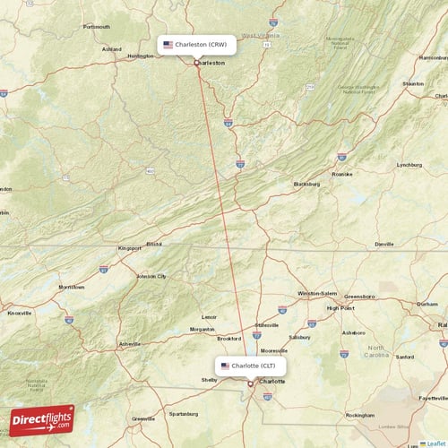 Charleston - Charlotte direct flight map