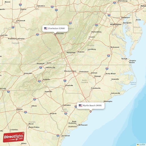 Charleston - Myrtle Beach direct flight map