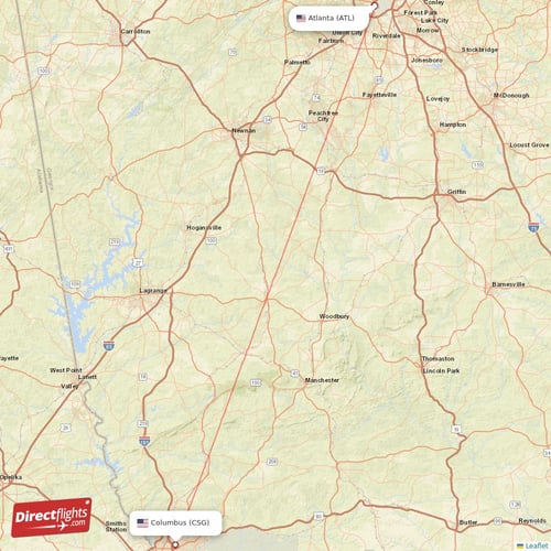 Columbus - Atlanta direct flight map