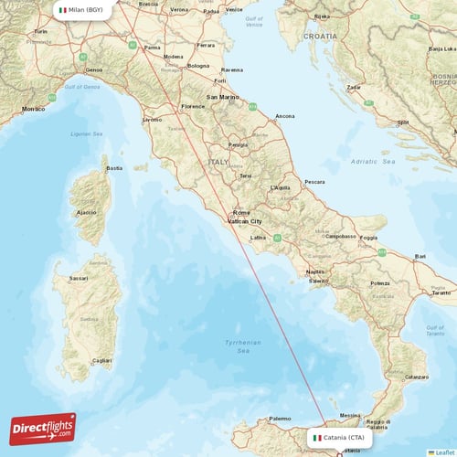 Catania - Milan direct flight map