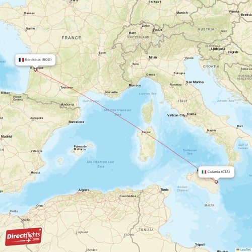 Catania - Bordeaux direct flight map