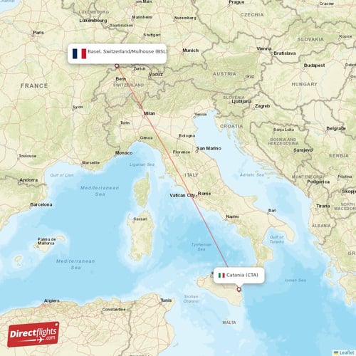 Catania - Basel, Switzerland/Mulhouse direct flight map