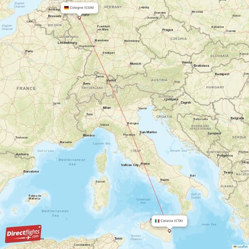 Catania - Cologne direct flight map