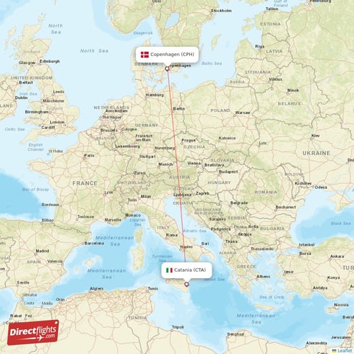 Catania - Copenhagen direct flight map