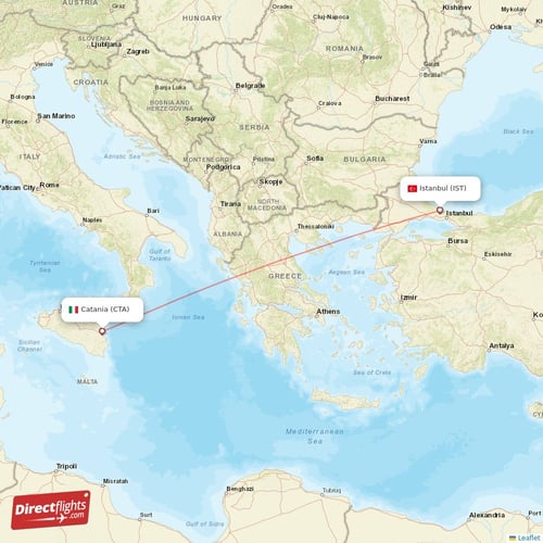 Catania - Istanbul direct flight map