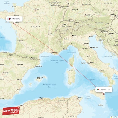 Catania - Nantes direct flight map