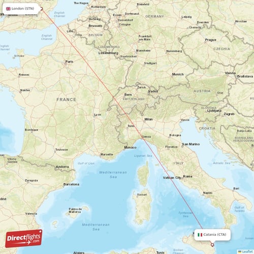 Catania - London direct flight map