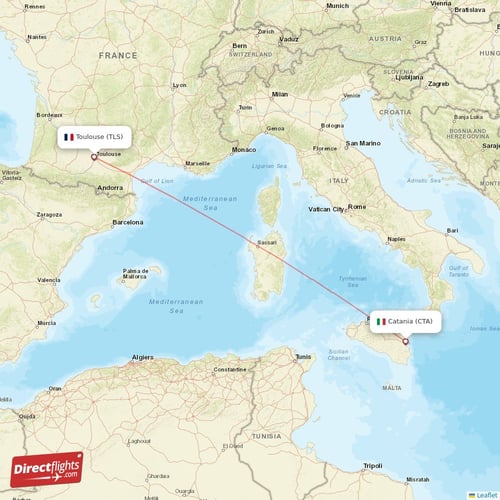 Catania - Toulouse direct flight map