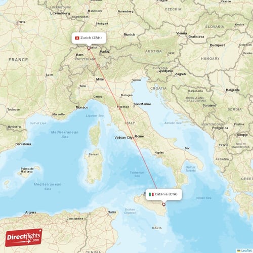 Catania - Zurich direct flight map
