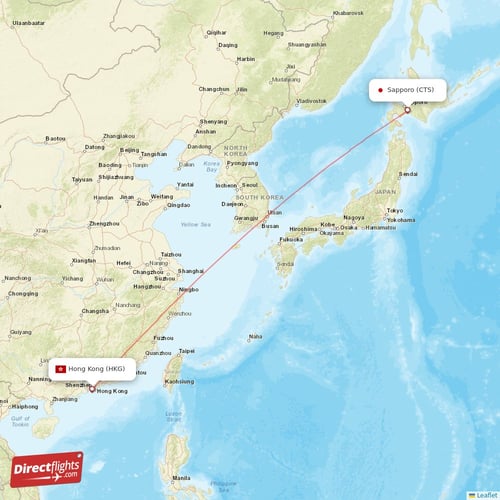 Sapporo - Hong Kong direct flight map