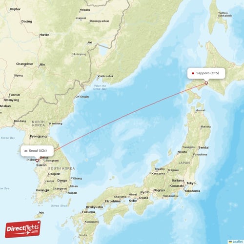 Sapporo - Seoul direct flight map