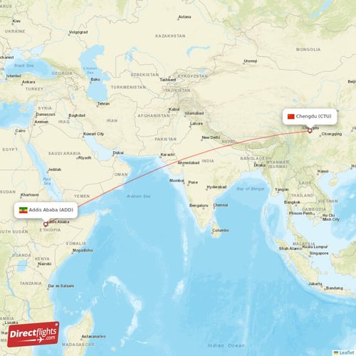 Chengdu - Addis Ababa direct flight map
