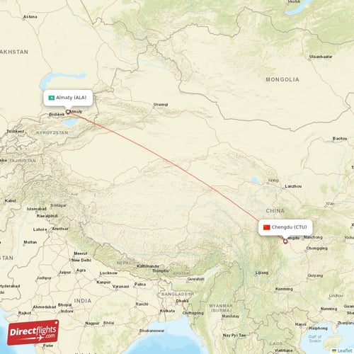 Chengdu - Almaty direct flight map