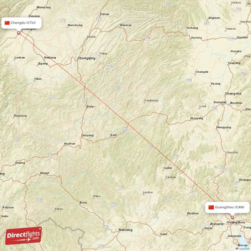 Chengdu - Guangzhou direct flight map