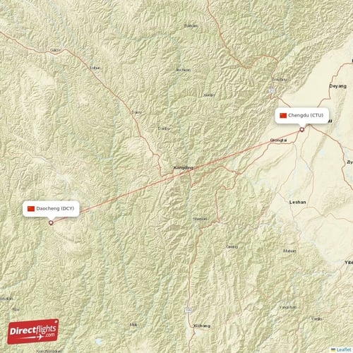 Chengdu - Daocheng direct flight map