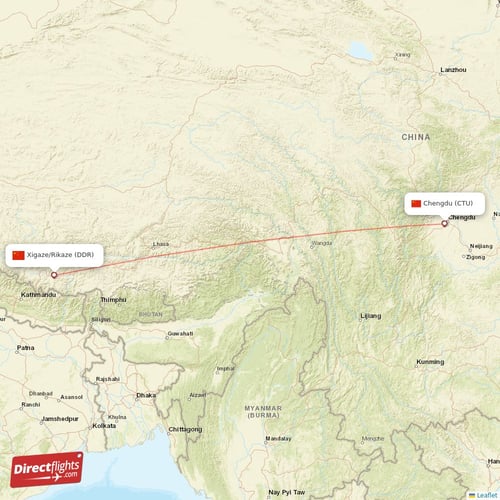 Chengdu - Xigaze/Rikaze direct flight map