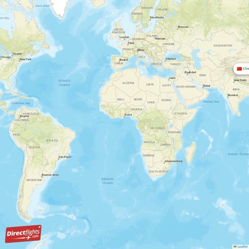 Chengdu - Delhi direct flight map