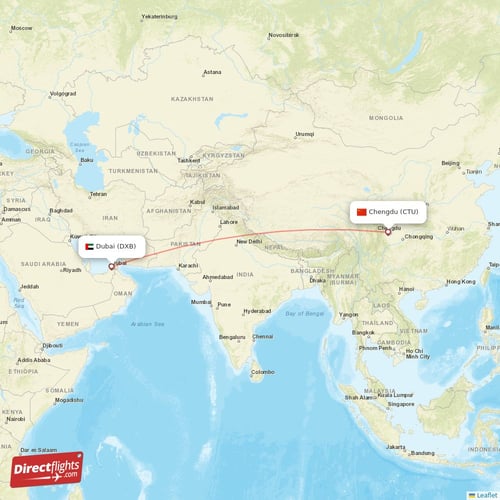Chengdu - Dubai direct flight map