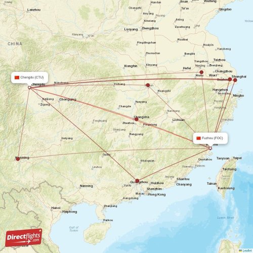 Chengdu - Fuzhou direct flight map