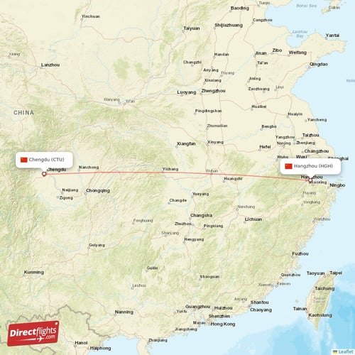 Chengdu - Hangzhou direct flight map