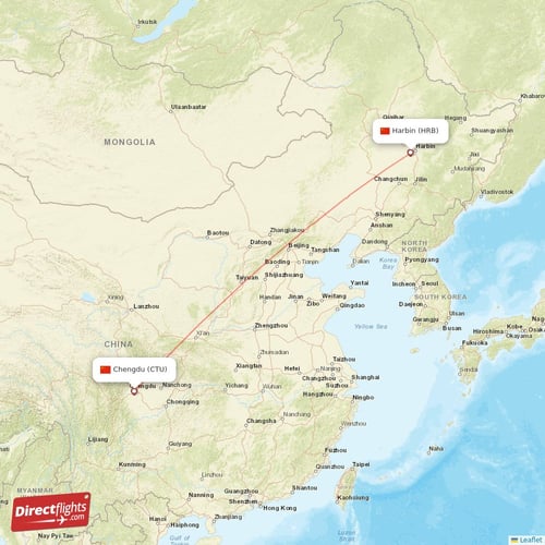Chengdu - Harbin direct flight map
