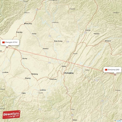 Chengdu - Qianjiang direct flight map