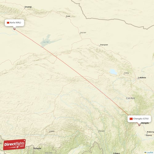 Chengdu - Korla direct flight map