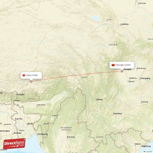 Chengdu - Lhasa/Lasa direct flight map