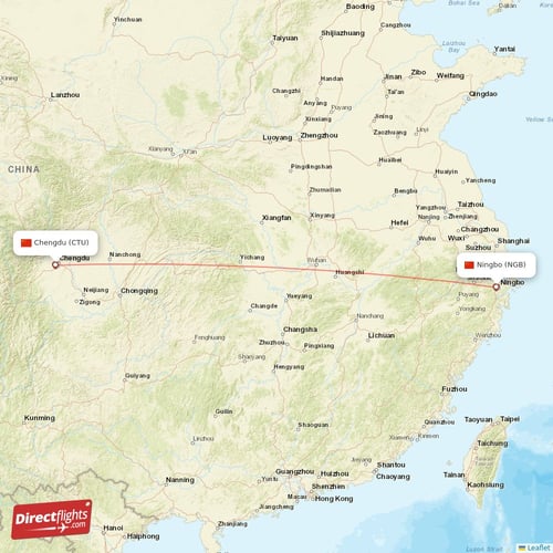 Chengdu - Ningbo direct flight map
