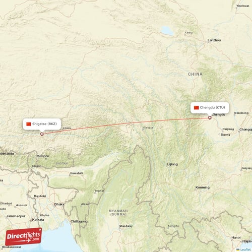 Chengdu - Shigatse direct flight map