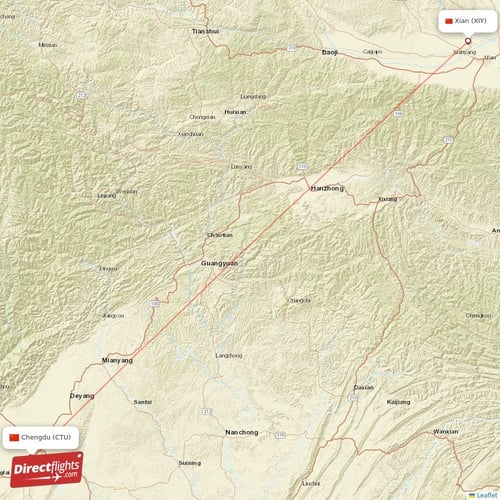 Chengdu - Xian direct flight map