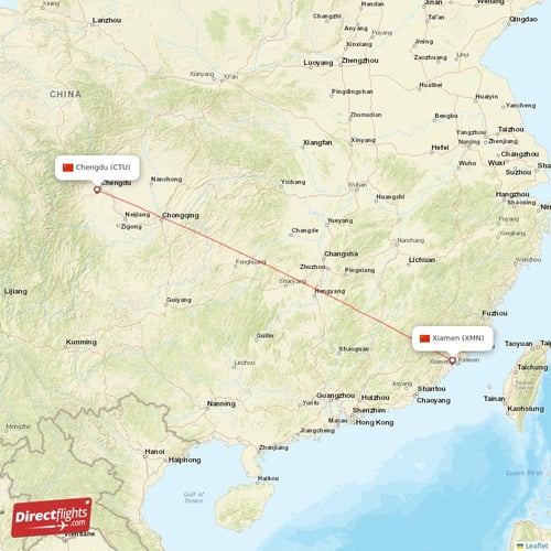 Chengdu - Xiamen direct flight map