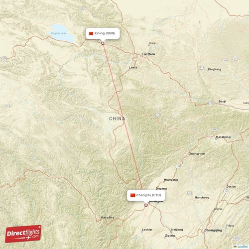 Chengdu - Xining direct flight map