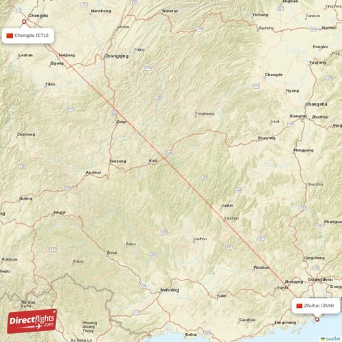 Chengdu - Zhuhai direct flight map