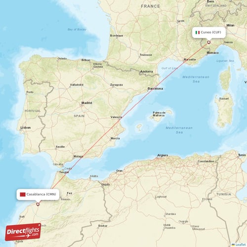 Cuneo - Casablanca direct flight map