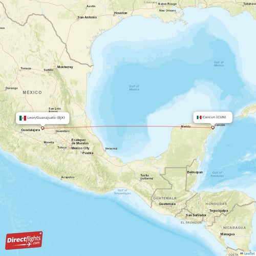 Cancun - Leon/Guanajuato direct flight map