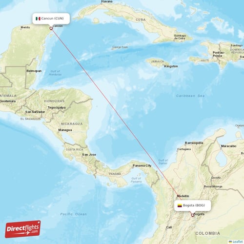 Cancun - Bogota direct flight map