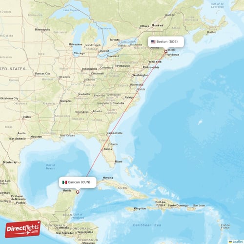 Cancun - Boston direct flight map