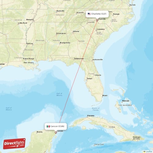 Cancun - Charlotte direct flight map