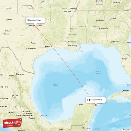Cancun - Dallas direct flight map