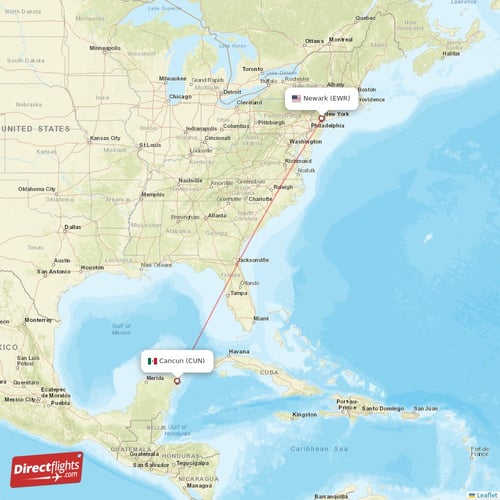 Cancun - New York direct flight map