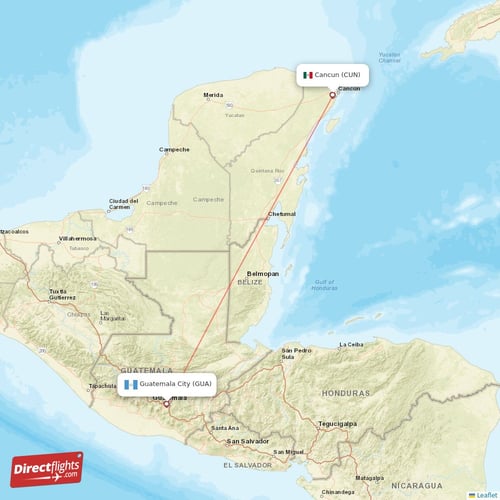 Cancun - Guatemala City direct flight map